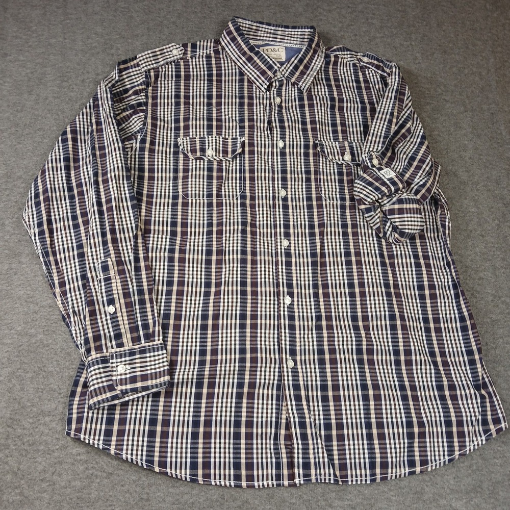 PD&C Mens XXL Plaid Button Up Shirt Navy Brown Cotton Epaulets PW9WFZ14